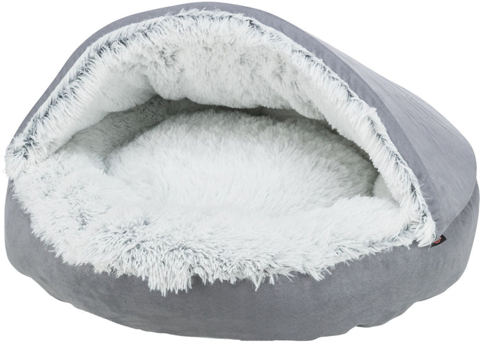 Trixie Cave Bed Harvey in grey long-haired plush with white and black trim, front view