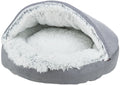 Trixie Cave Bed Harvey in grey long-haired plush with white and black trim, front view