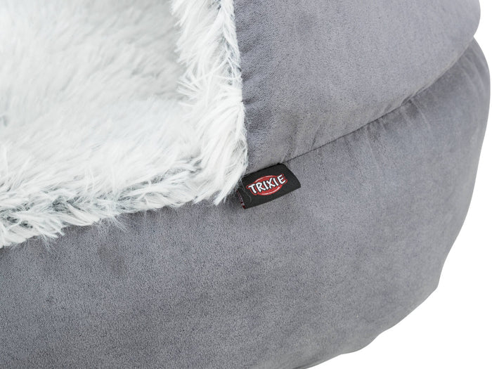 Detail of the Trixie Cave Bed Harvey plush hood and built-in cushion