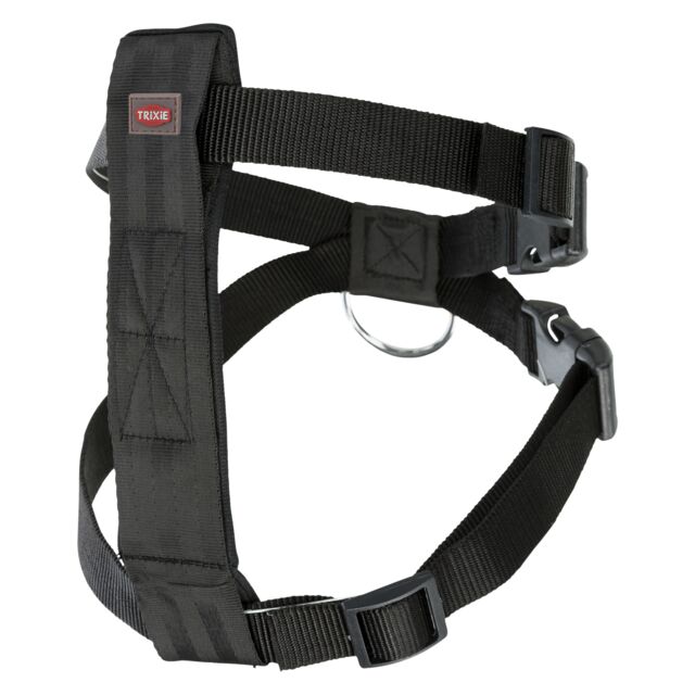 Trixie black car harness product view showing padded chest strap and adjustable buckles