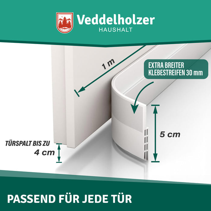 Maße der Dichtung: 1 m lang, 5 cm hoch, für Türspalt bis 4 cm, dazu extra breiter Klebestreifen von 30 mm