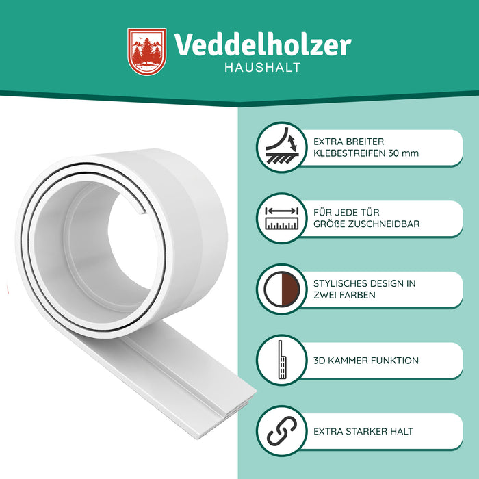 Aufgerollte weiße Dichtleiste neben fünf Merkmalen: 30 mm Klebestreifen, zuschneidbar, zwei Farben, 3D-Kammern, starker Halt