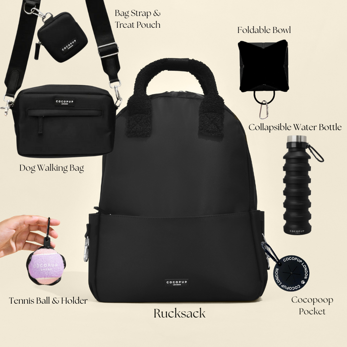 Black Cocopup London rucksack bundle with detachable bag, ball holder, pouch, collapsible bowl, and poop pocket.