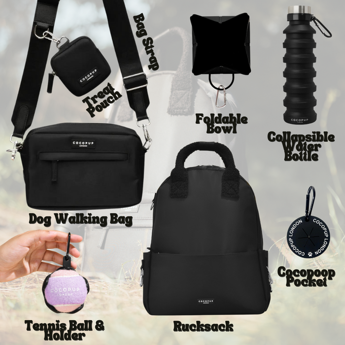 Black Cocopup rucksack bundle with matching crossbody bag and treat pouch, all in sleek black fabric.