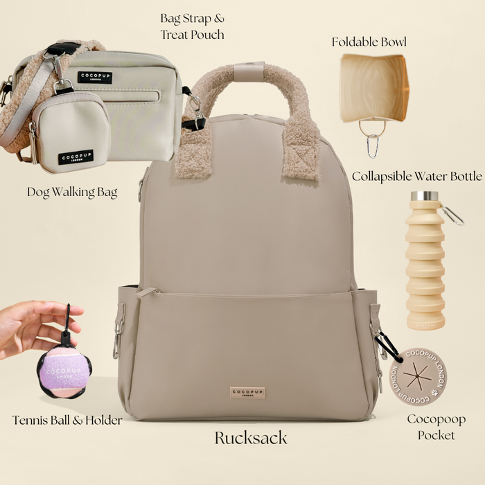 Tan Cocopup London rucksack with matching bowl, zip pouch, water bottle, and treat bag displayed together.