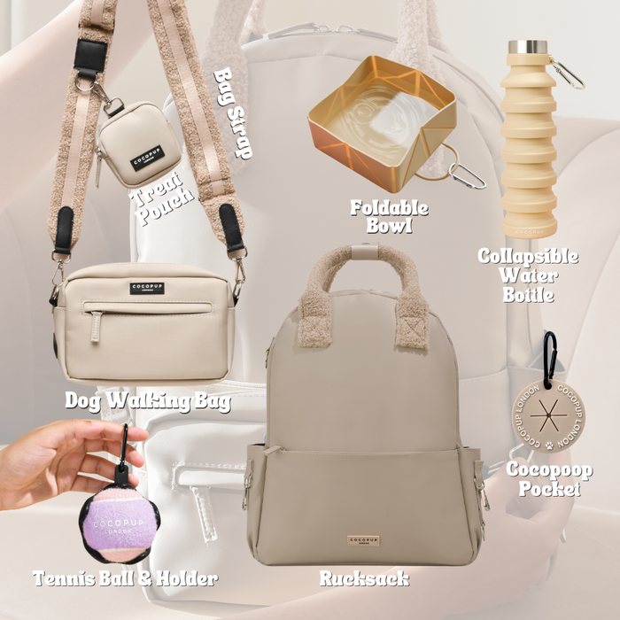 Cocopup London Ultimate Rucksack Bundle in Caramel Latte, featuring a tan backpack with matching accessories.