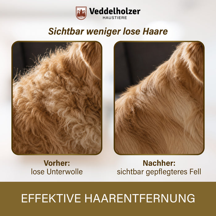 Vorher-nachher-Vergleich am Fell: links abstehende lose Unterwolle, rechts sichtbar glatteres und gepflegteres Fell
