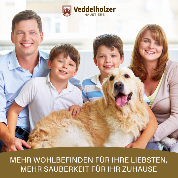 Familie mit zwei Jungen sitzt mit einem Golden Retriever auf dem Sofa – Bildtext „Mehr Sauberkeit für Ihr Zuhause“