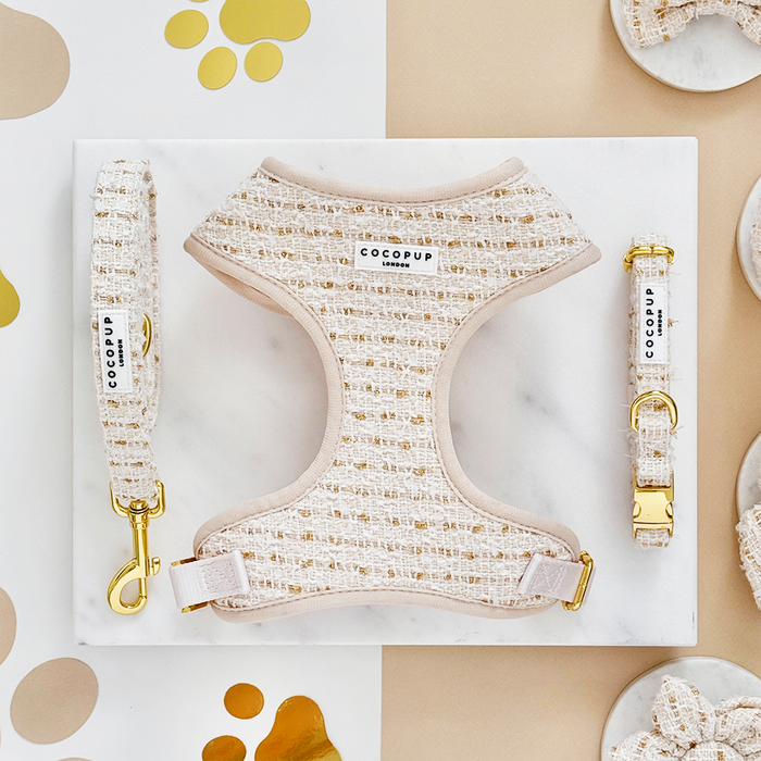 Vanilla textured tweed harness, lead, and collar set from Cocopup London displayed on a white background.