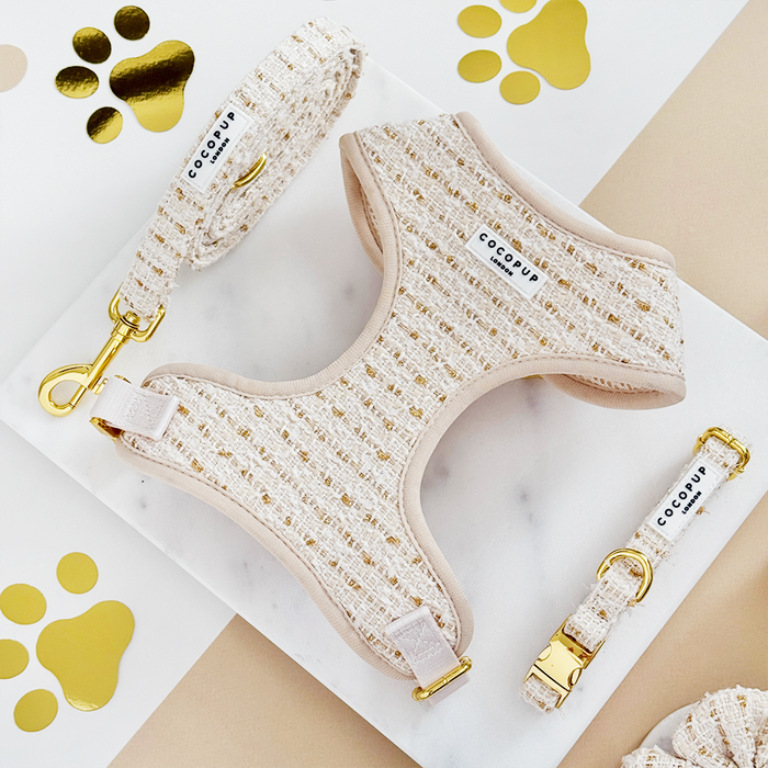 Vanilla tweed dog harness, lead, and collar set with gold hardware and subtle paw print details.