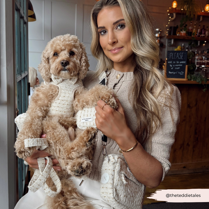 Woman holds small dog in matching beige knits, dog wears Vanilla Tweed Cocopup London harness at a cozy café.