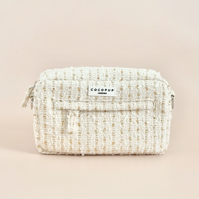 Vanilla textured tweed dog walking bag bundle with front pocket and Cocopup London brand label.