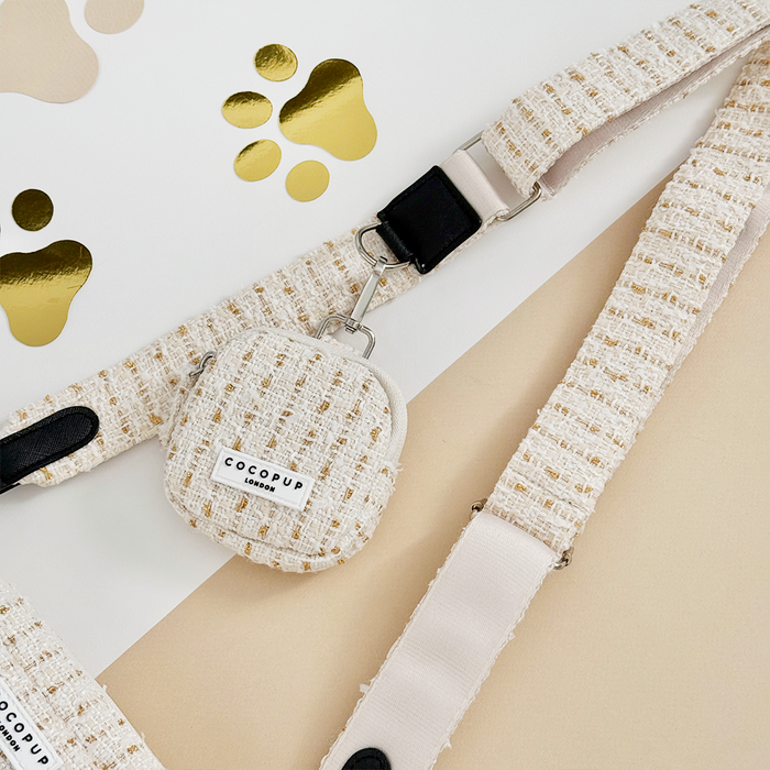 Vanilla textured tweed dog walking bag set with matching leash and bag dispenser from Cocopup London.