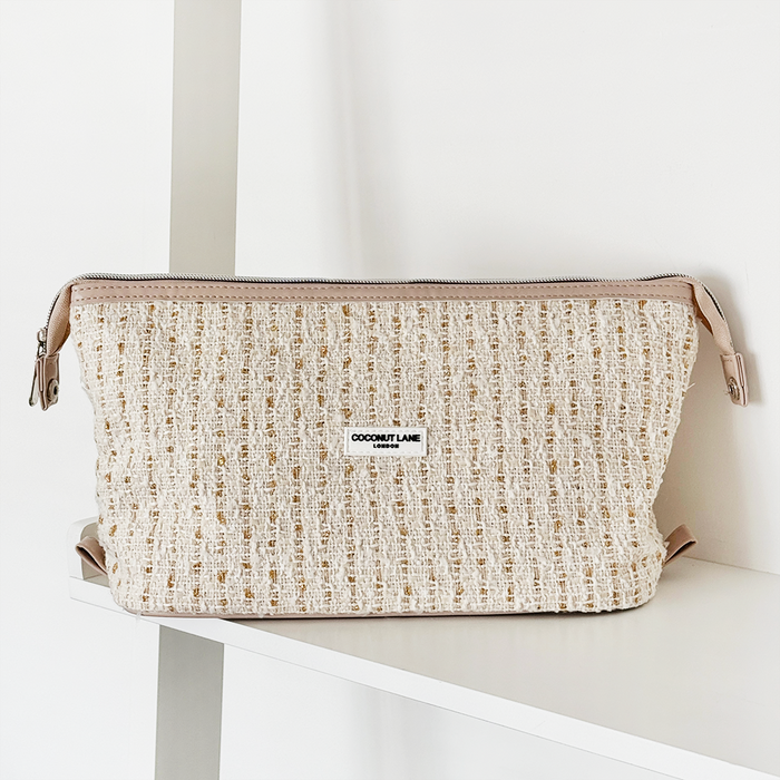 Vanilla tweed expandable makeup bag with textured finish and Coconut Lane label by Cocopup London.