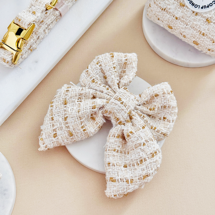 Cream and gold vanilla textured tweed sailor bow tie for dogs by Cocopup London.