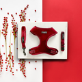Berry red velvet dog harness, lead, and collar set by Cocopup London on marble with scattered berries.