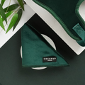 Green velvet dog bandana by Cocopup London displayed beside a matching green harness and some leaves.