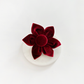 Berry red velvet collar flower with petal detailing by Cocopup London, designed to attach to a dog collar.