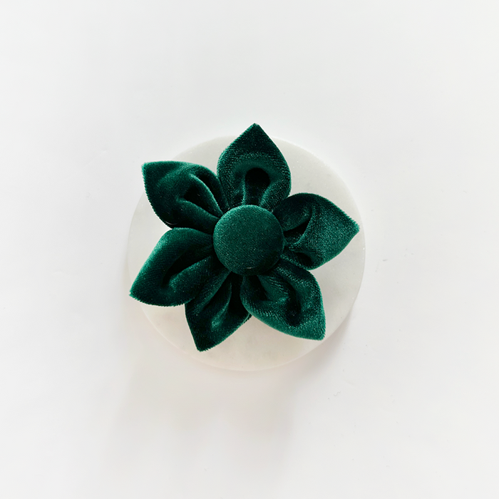 Forest green velvet collar flower with five petals, displayed on a white circular background.