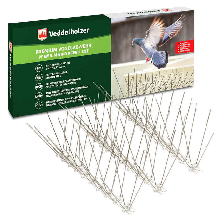 Grüne Verpackung mit auffliegender Taube, davor Edelstahl-Spikeleisten – 3 m Gesamtlänge aus 12 Schienen à 25 cm