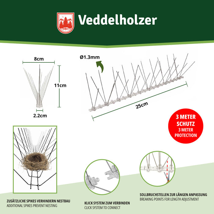 Maßzeichnung: Spikes 8 cm breit, 11 cm hoch, Basis 2,2 cm, Schiene 25 cm, Draht 1,3 mm – Mittelreihe verhindert Nestbau