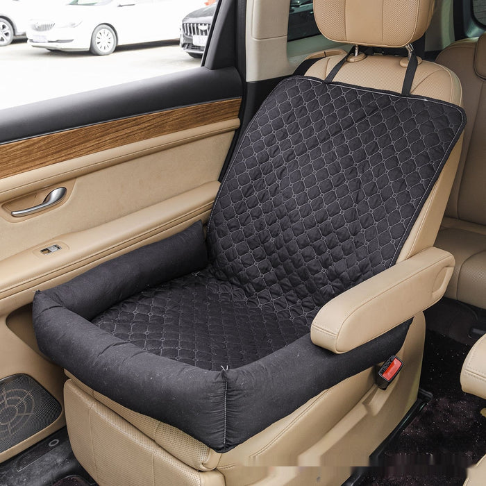 Black and gray waterproof dog car seat mat by Dropshipman, portable travel pet bed with quilted surface and side flaps.