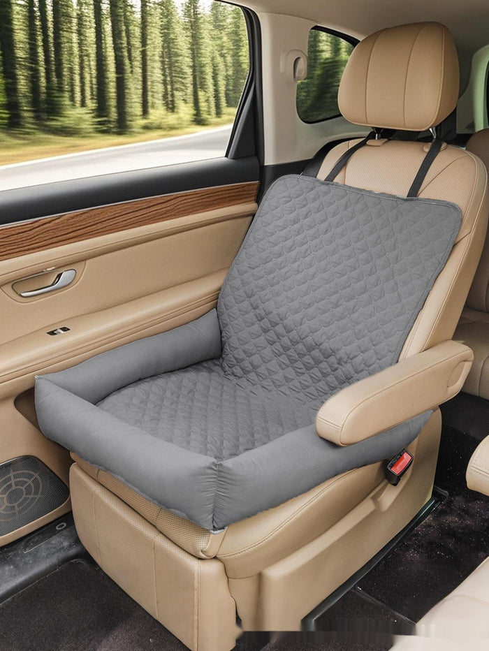 Black and gray waterproof dog car seat mat by Dropshipman, portable travel pet bed with cushioned surface for comfort during car rides.