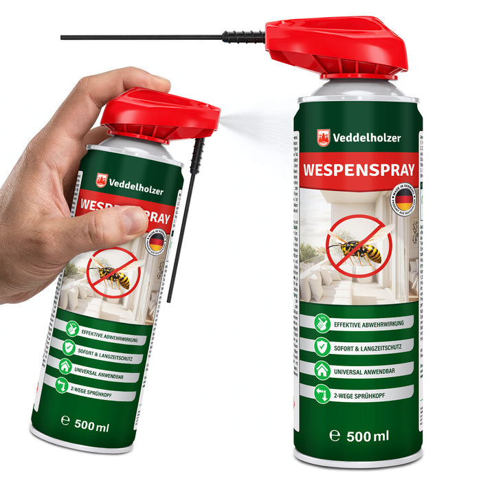 Zwei grüne 500-ml-Dosen mit rotem 2-Wege-Sprühkopf, eine davon in der Hand mit ausgeklapptem Sprührohr