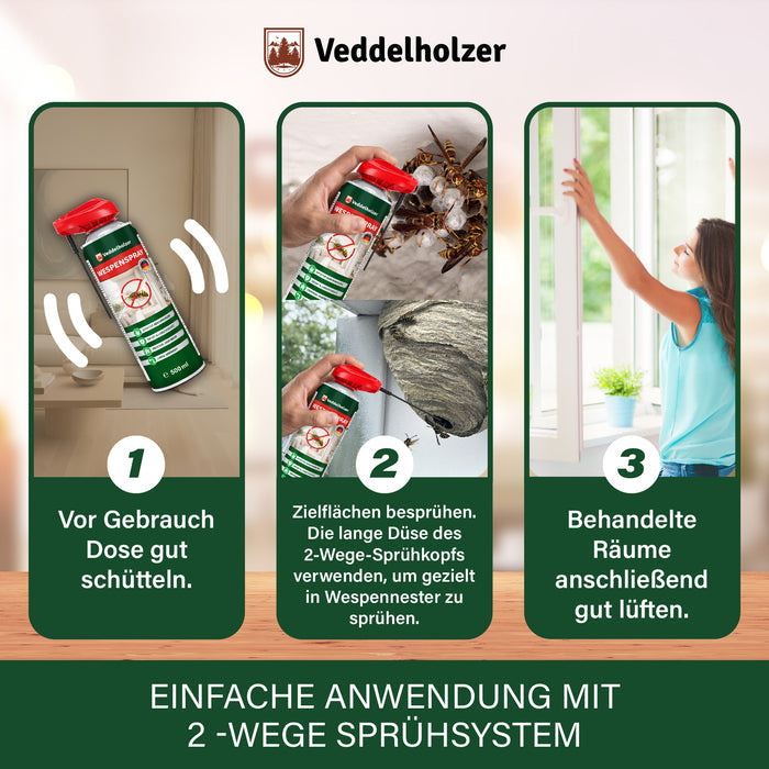 Anwendung in drei Schritten: Dose schütteln, mit der langen Düse gezielt ins Wespennest sprühen, Räume danach gut lüften