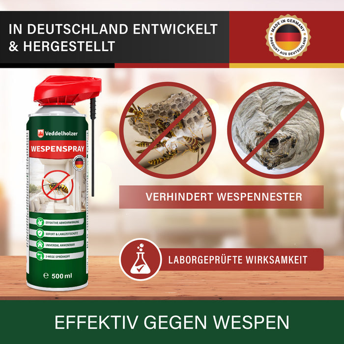 Dose auf Holztisch neben zwei durchgestrichenen Wespennestern – „Verhindert Wespennester“ und „Laborgeprüfte Wirksamkeit“