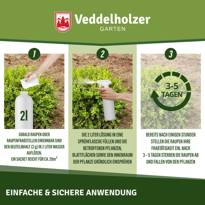 Anwendung: 2 g Beutelinhalt in 2 Liter Wasser lösen (reicht für 20 m²), Pflanzen einsprühen, nach 3–5 Tagen sterben die Raupen